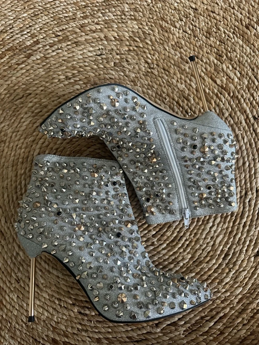 FSJ Silver High Heel Ankle Boots Rivets Closed Pointed Toe Stilettos Zipper Shoe